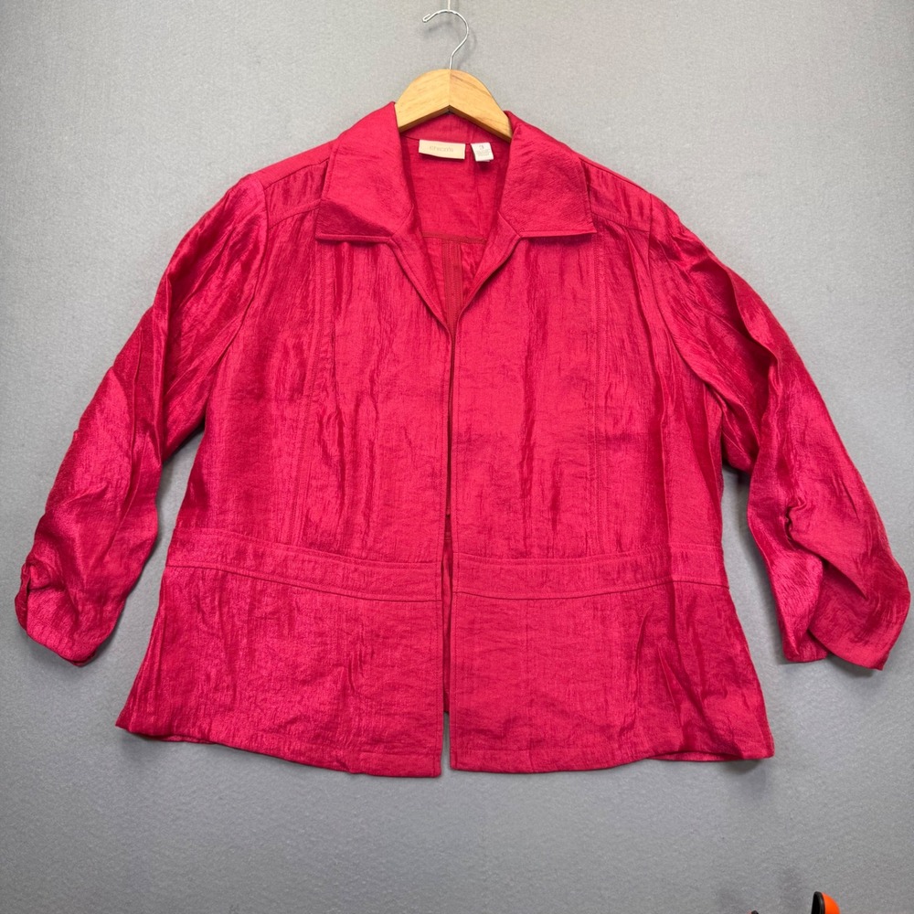 Chicos Red Shimmer Open Front Jacket Collared Lightweight Size 3 XL 4501081317‎